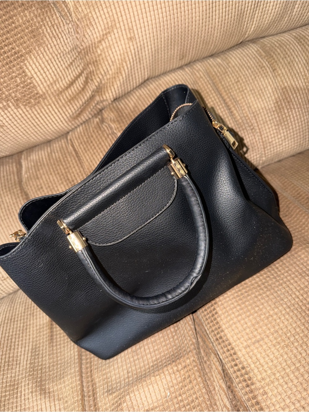 Classic Black Structured Women's Handbag with Gold Hardware